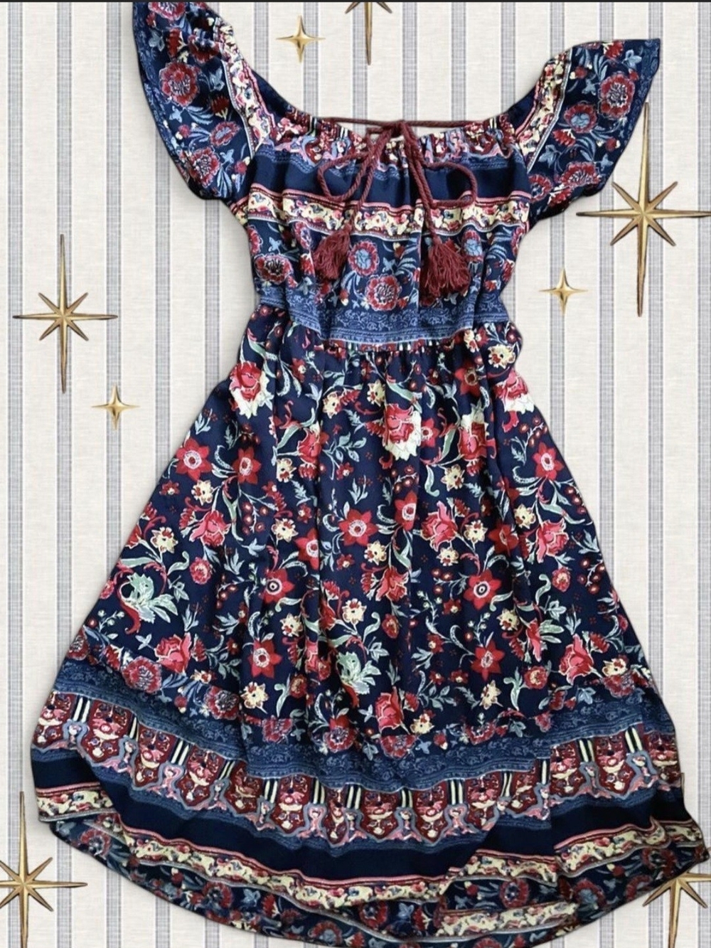 Knox Rose Navy Floral Off-Shoulder Dress with Red Accents